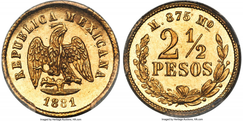 Republic gold 2-1/2 Pesos 1881/0 Mo-M MS62 PCGS, Mexico City mint, cf. KM411.5 (...