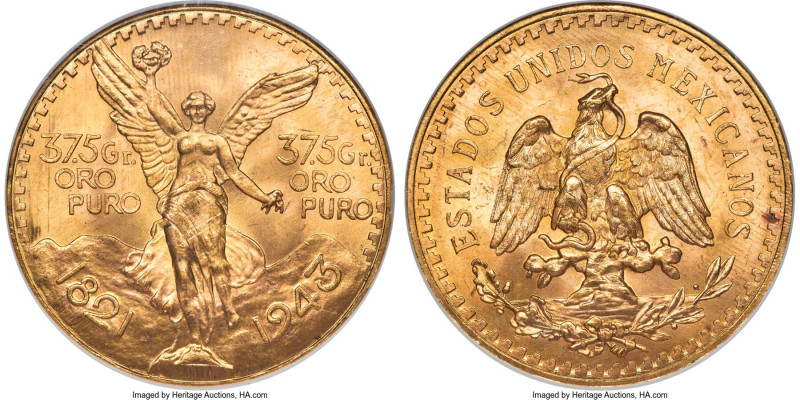 Estados Unidos gold 50 Pesos 1943 MS65 NGC, Mexico City mint, KM482. Blooming an...