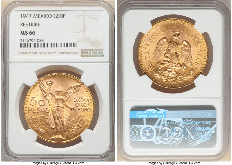 Estados Unidos gold Restrike 50 Pesos 1947 MS66 NGC, Mexico City mint, KM481. Mu...
