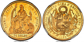 Republic gold 20 Soles 1863-YB MS61 NGC, Lima mint, KM194. One year type with apricot toning and mirrored fields. 

HID09801242017

© 2022 Heritage Au...