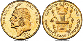 Republic gold "Inca" 50 Soles 1931 MS64 PCGS, Lima mint, KM219. Mintage: 5,538. Deeply engraved devices, chiseled upon a lustrous and somewhat glossy ...