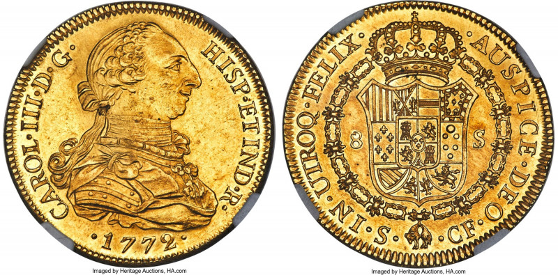 Charles III gold 8 Escudos 1772 S-CF UNC Details (Cleaned) NGC, Seville mint, KM...