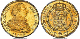 Charles III gold 8 Escudos 1772 S-CF UNC Details (Cleaned) NGC, Seville mint, KM409.2, Fr-283, Onza-954. A boldly struck piece, displaying deeply-engr...