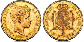 Alfonso XIII gold 100 Pesetas 1897(97) SG-V MS62 NGC, Madrid mint, KM708, Fr-347. Graciously coated in a thick satin sheen contributing to a coveted M...