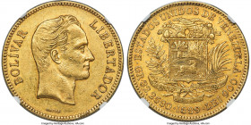 Republic gold 100 Bolivares 1889 AU58 NGC, Caracas mint, KM-Y34, Fr-2. Ample residual luster populates this pale-gold, borderline Mint State offering,...