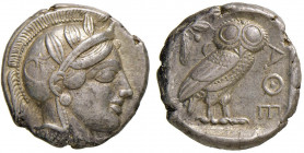 ATTICA Atene - Tetradramma (ca. 454-404 a.C.) Testa elmata di Atena a d. - R/ Civetta di fronte - S.Cop. 31 AG (g 17,20)
qSPL