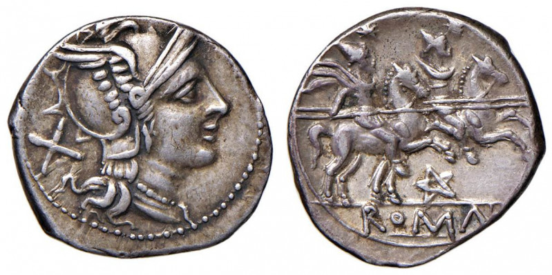 Anonime - Denario (206-200 a.C.) Testa di Roma a d. - R/ I Dioscuri a cavallo a ...
