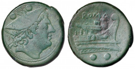 Anonime - Sestante (217-215 a.C.) Testa di Mercurio a d. - R/ Prua a d. - Cr. 38/5 AE (g 26,47) Piccolo restauro al R/, intensa patina verde
BB