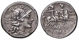 Atilia - M. Atilius Saranus - Denario (148 a.C.) Testa di Roma a d. - R/ I Dioscuri a cavallo a d. - B. 8; Cr. 214/1 AG (g 4,08)
qSPL