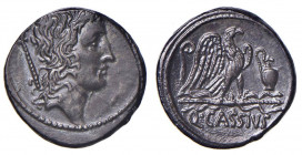 Cassia - Q. Cassius Longinus - Denario (55 a.C.) Testa del Buon Evento a d. - R/ Aquila stante a d. tra strumenti sacrificali - B. 7; Cr. 428/3 AG (g ...
