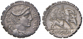Hosidia - C. Hosidius C. f. Geta - Denario (68 a.C.) Denario - Busto di Diana a d. - R/ Il cinghiale di Calidonia a d. colpito da una freccia e assali...