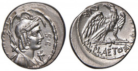 Plaetoria - M. Plaetorius M. f. Cestianus - Denario (67 a.C.) Busto della dea Vacuna a d. - R/ Aquila stante a d. - B. 4; Cr. 409/1 AG (g 3,67)
SPL+