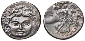 Plautia - L. Plautius Plancus - Denario (47 a.C.) Testa della Gorgone di fronte - R/ L’Aurora con i cavalli del Sole a d. - B. 14; Cr. 453/1c AG (g 4,...