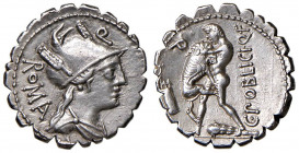 Poblicia - C. Poblicius Q. f. - Denario (80 a.C.) Busto di Roma a d. - R/ Ercole stante a s. strozza il leone - B. 9; Cr. 380/1 AG (g 4,01)
SPL
