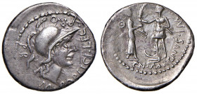 Pompeo Magno - Denario (46-45 a.C.) Testa di Roma a d. - R/ Pompeo stante di fronte alla Spagna - Cr. 469/1 AG (g 3,57) Minimo graffietto al D/
BB+
