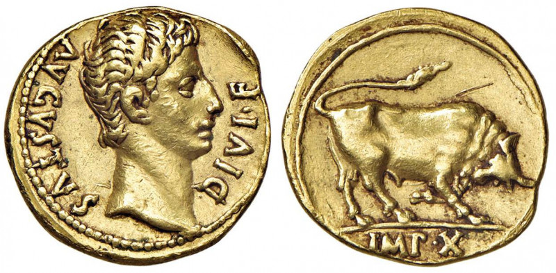Augusto (27 a.C.-14 d.C.) Aureo (Lugdunum) Testa a d. - R/ Toro cozzante a d. - ...