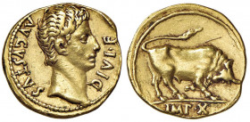 Augusto (27 a.C.-14 d.C.) Aureo (Lugdunum) Testa a d. - R/ Toro cozzante a d. - RIC 166a AU (g 7,80) Graffietti al bordo e depositi, da montatura
MB+