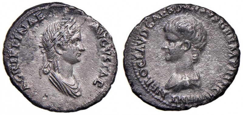 Nerone (54-68) Denario - Busto di Nerone a s. - R/ Busto di Agrippina a d. - RIC...