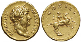 Adriano (117-138) Aureo - Testa laureata a d. - R/ L’imperatore a cavallo a d. - RIC 187 AU (g 7,25) Colpetti al bordo, graffietto al R/
BB+