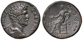 Aelio (136-138) Sesterzio - Busto a d. - R/ La Concordia seduta a s. - RIC 1057 AE (g 26,68) Potente ritratto
BB+