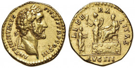 Antonino Pio (138-161) Aureo - Testa laureata a d. - R/ Scena di liberalità con l’imperatore seduto su palco - RIC 75 AU (g 7,36) RR Colpetti al bordo...