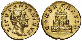 Antonino Pio (138-161) Aureo di consacrazione - Testa a d. - R/ Pira funeraria - RIC 435 AU (g 7,19) RR Tacche e graffietti da montatura asportata al ...