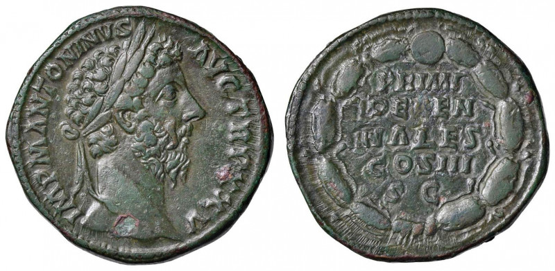 Marco Aurelio (161-180) Sesterzio - Busto laureato a d. - R/ Scritta in corona d...