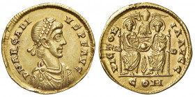 Arcadio (383-408) Solido (Mediolanum) Busto diademato a d. - R/ Gli imperatori seduti di fronte - RIC 8 AU (g 4,00) RR Limature sul bordo per probabil...
