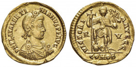 Valentiniano III (425-455) Solido (Ravenna, circa 426-455) Busto diademato a d. - R/ L’imperatore stante di fronte calpesta un serpente a testa umana ...