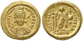Giustiniano I (527-565) Solido - Busto elmato di fronte con lancia e scudo - R/ La Vittoria stante di fronte - Sear 137 AU (g 4,48)
BB