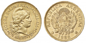 ARGENTINA 5 Pesos 1885 - KM 31; Fr. 14 AU (g 8,05) Graffietto al D/ e colpetti al bordo
SPL