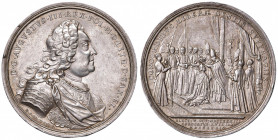 POLONIA Augusto III (1733-1763) Medaglia 1734 per la sua incoronazione - Opus: Groskurt - AG (g 58,17 - Ø 55 mm) RR Colpetti al bordo e graffietti al ...