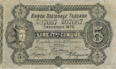 Banca Nazionale Toscana 5 Lire creazione 1873 serie A/G 07667 - GIG. BNT6A RRRR Si tratta dello stesso esemplare fotografato sia nel catalogo Gigante ...