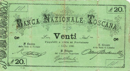 Banca Nazionale Toscana 20 Lire 04/07/1866 serie Oe-818 - GIG. BNT2B RRRR Biglietto della massima rarità con due soli esemplari conosciuti originali o...