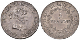 LUCCA Elisa Bonaparte e Felice Baciocchi (1805-1814) 5 Franchi 1805 - Gig. 1 AG (g 24,95) Splendida patina da antica raccolta
SPL+/FDC