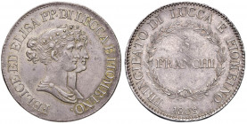LUCCA Elisa Bonaparte e Felice Baciocchi (1805-1814) 5 Franchi 1808 8 ribattuto su 7 - MIR 244/4 AG (g 24,94) RR Graffietti al D/ e al R/, busti rari,...