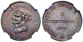 LUCCA Elisa Bonaparte e Felice Baciocchi (1805-1814) 3 Centesimi 1806 - MIR 247 CU In slab NGC MS64BN 5883933-007. Conservazione eccezionale specie pe...