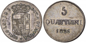 LUCCA Carlo Lodovico di Borbone (1824-1847) 5 Quattrini 1826 in argento, di presentazione - Bellesia 18 AG (g 6,16) RRRR
qFDC