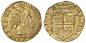 MILANO Filippo II (1556-1598) Doppia 1593 Stemma con aquila ad ali chiuse - MIR 301/10 (indicato R/2) AU (g 6,64) RR Una screpolatura di conio passant...