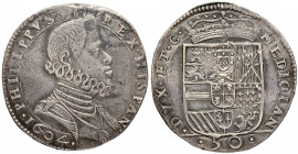MILANO Filippo III (1598-1621) 50 Soldi 1604 - MIR 344/1 AG (g 14,01) RRR Graffio al R/, porosità marginale ma bell’esemplare di questa rarissima mone...