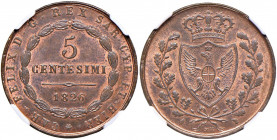 Carlo Felice (1821-1831) 5 Centesimi 1826 T L - Nomisma 615 CU In slab NGC MS64RB 3504313-007. Conservazione eccezionale in rame rosso
FDC