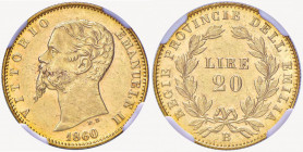 Vittorio Emanuele II re eletto (1859-1861) 20 Lire 1860 B - Nomisma 821 AU RRRR In slab NGC MS 61 cod. 4790093-004. Tiratura di soli 159 esemplari. Un...