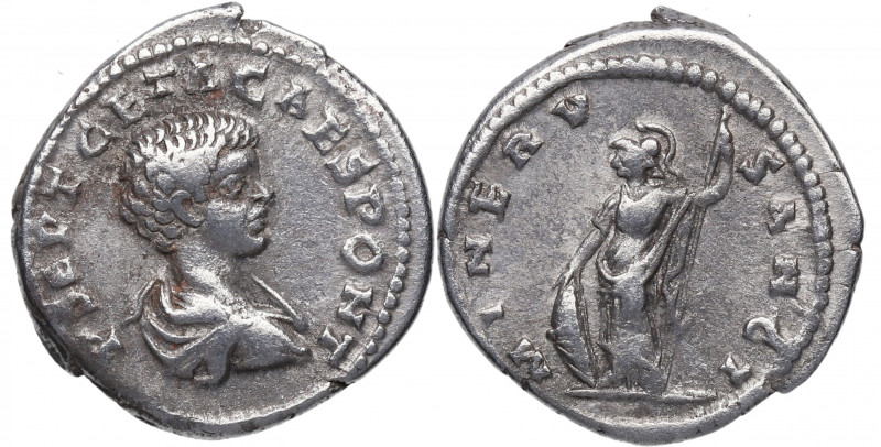 201 d C. Geta. Laodicea ad Mare. Denario. DS 4524 e.2. Ag. 3,26 g. MINERV SANCT....