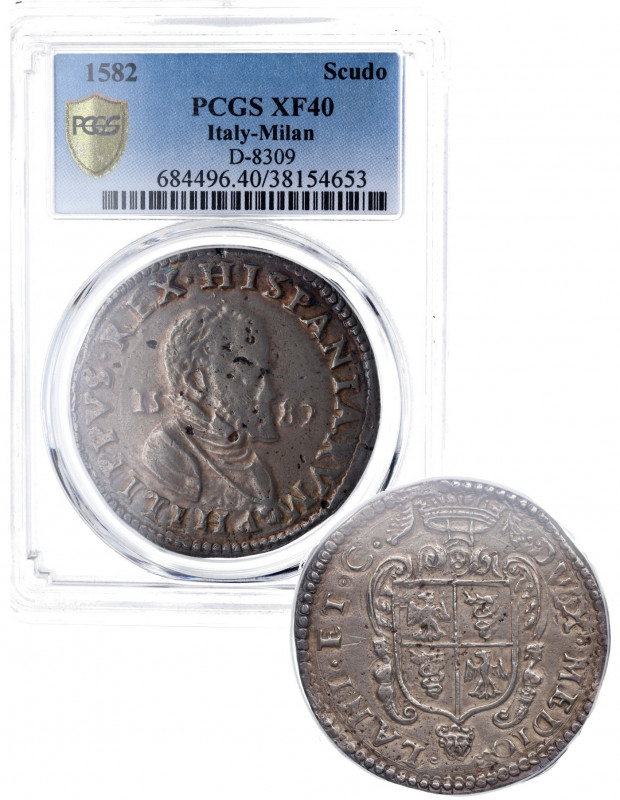 1582. Felipe II (1556-1598). Milán. Ducaton. Ag. Encapsulada por PCGS en XF40. P...