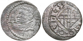 1653. Felipe IV (1621-1665). Barcelona. Ardit. A&C 19. Cu. 1,61 g. Restos de plateado. Escasa así. EBC-. Est.60.