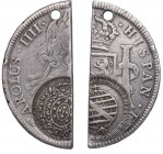 Carlos IV (1788-1808). Potosí. 8 Reales Brazil 960 Reis. Ag. 12,73 g. Moneda partida. Resello Minas Gerais. ESCASA. (MBC). Est.200.