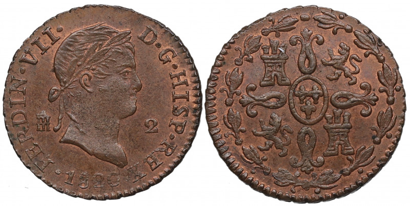 1820. Fernando VII (1808-1833). Segovia. 2 Maravedís. A&C 143. Cu. 2,75 g. Bella...