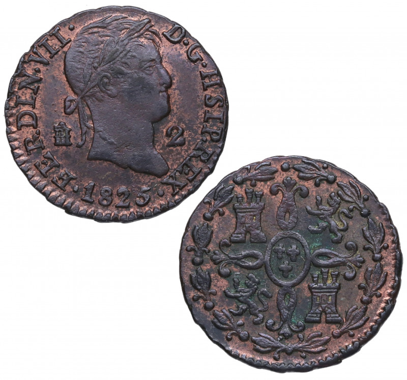 1825. Fernando VII (1808-1833). Segovia. 2 maravedís. HSIP. A&C 146. Cu. 2,53 g....