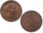 1867. Isabel II (1833-1868). Segovia. 1 Centimo de Escudo. CM. A&C 226. Ae. 2,61 g. Muy bella. Brillo original. SC-. Est.100.