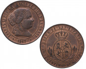 1867. Isabel II (1833-1868). Segovia. 2,5 Céntimos de Escudo. CM. A&C 240. Ae. 6,29 g. Muy bella. Brillo original. SC- / SC. Est.160.